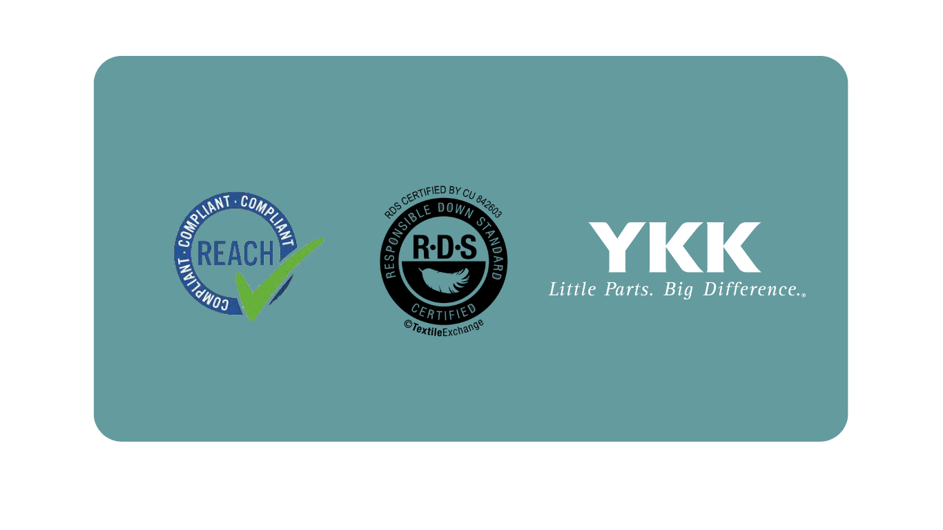 Compliant reach icon, Responsiable down standard icon and YKK icon on turquise background 