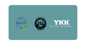 Compliant reach icon, Responsiable down standard icon and YKK icon on turquise background 