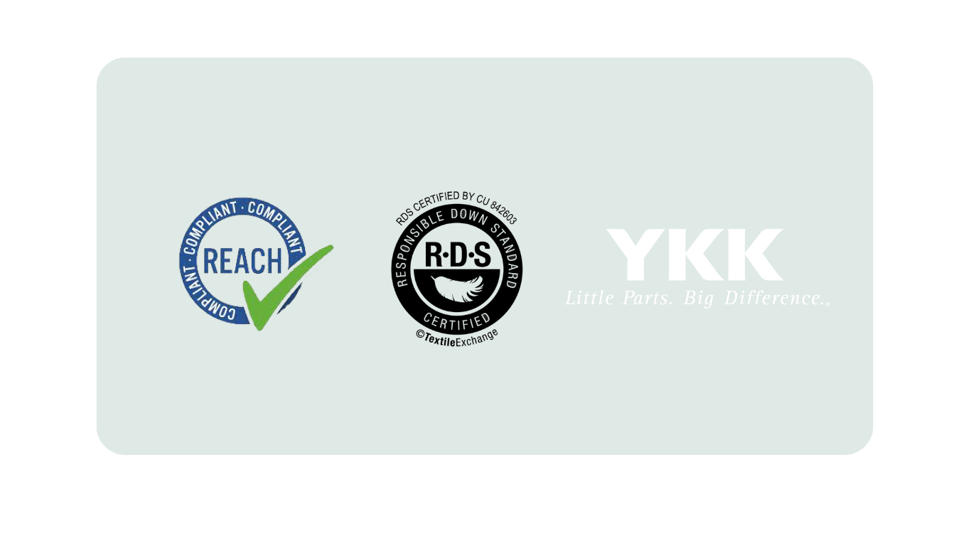 compliant reach icon, Responsiable down standard icon and YKK icon on light blue background