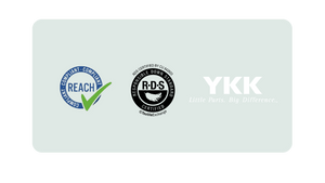 compliant reach icon, Responsiable down standard icon and YKK icon on light blue background