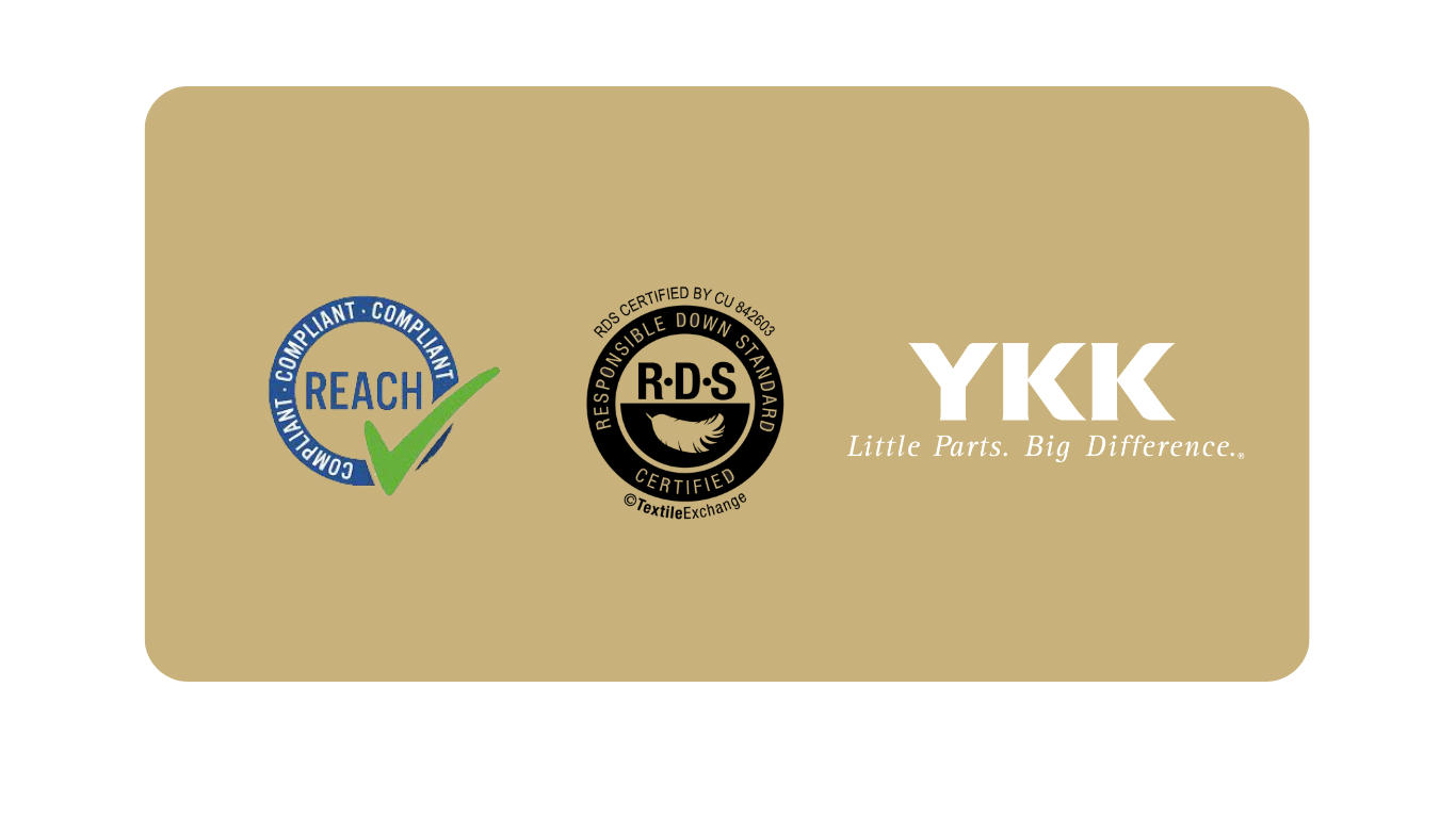 Compliant reach icon, Responsiable down stadard icon, YKK icon on beige background 